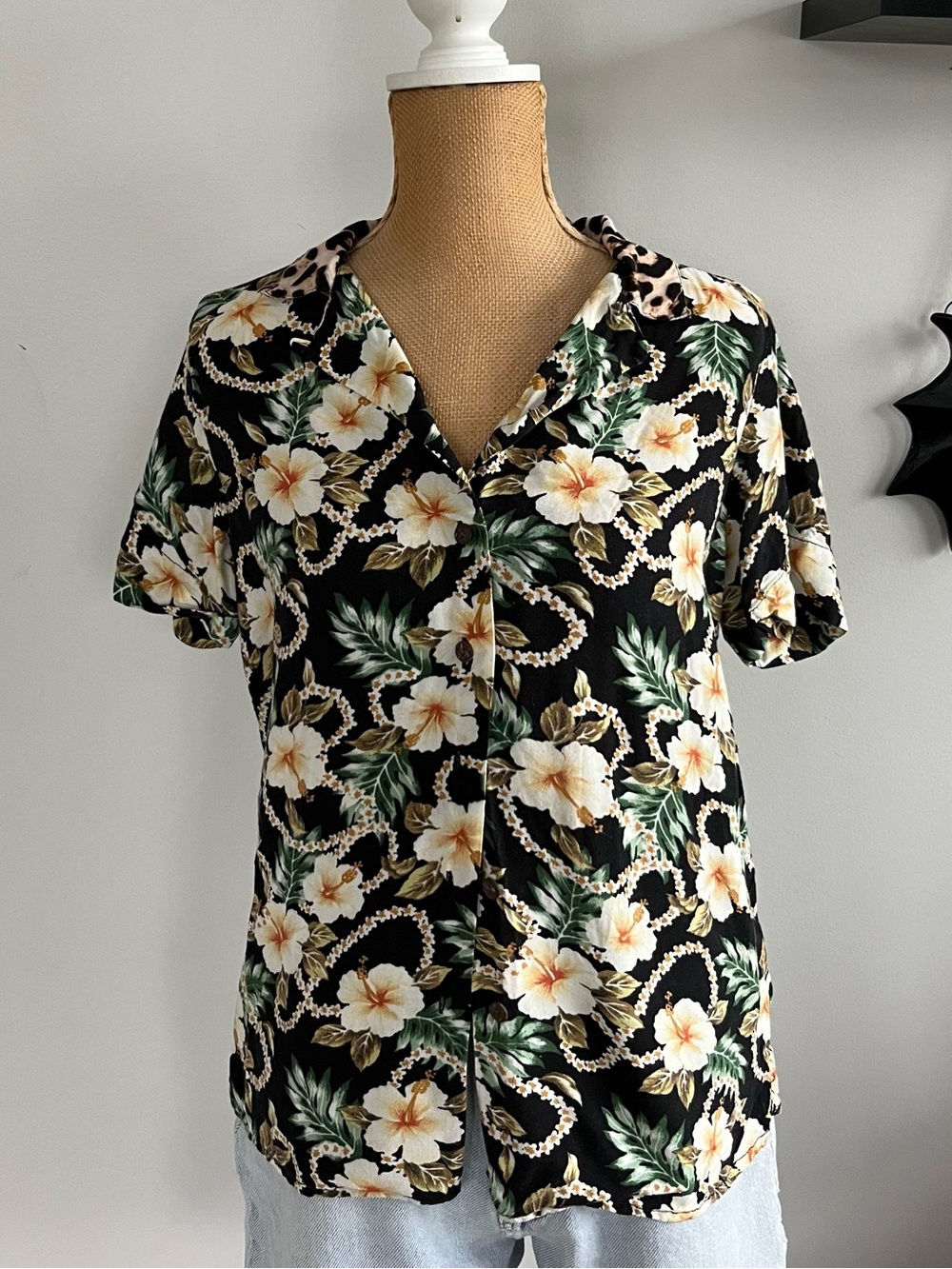 Denim & Supply Ralph Lauren Floral Hawaiian Camp Shirt Leopard Collar S
